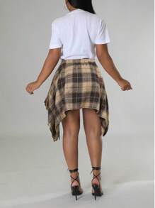 Plus Size Hip Hop Plaid Skirt 2025 - Women's Streetwear Tartan Skirt With Detachable Sleeves, Multi-Color Rap Style Skirt, High Waist A-Line Skirt With Belt (0X-5X) - Màu Khaki - Xem 8