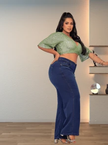 Calça Jeans Flare Plus Size Wide Leggin Com Lycra Retrô moda Blogueira