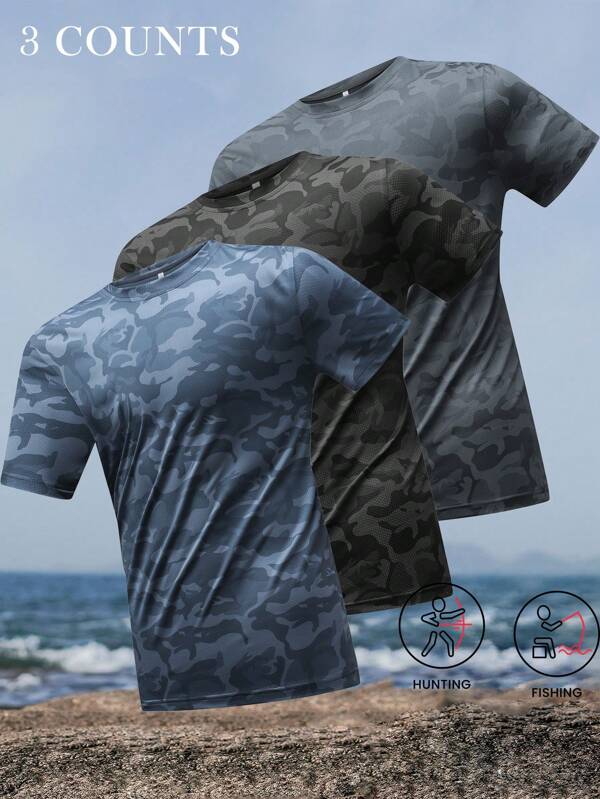 3 paquetes de camisetas de cuello redondo de manga corta para hombre de verano, de seda de hielo y secado rápido con gran elasticidad, con diseños geométricos a rayas y camuflaje, para primavera/verano