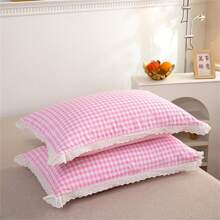 Pink Gingham Polyester Fiber Pillowcases With Lace Trim: Breathable, Machine - Washable, Dry - Cleanable & Quick - Drying