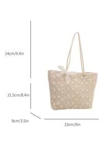 1pc Lace Trim Knit Mesh/Paper Material Large Capacity Zipper Decor Shoulder Tote Bag, Suitable For Women Summer Beach Travel - Beige - View 2
