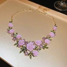 Conjunto de collar y aretes de flores y hojas de acrilico color rosa y morado con cristales y perlas, cadena delicada para la clavícula para fiestas, bodas y festivales - flores - Ver 8