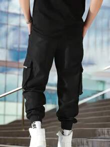 Men's Casual Multi-Pocket Drawstring Cargo Pants - Black - View 4