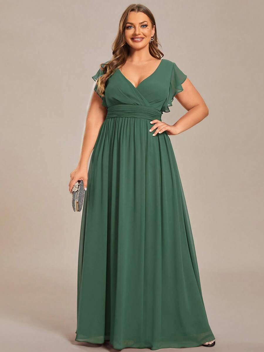 Vestidos formales verdes de cintura alta plisada, con espalda descubierta y cuello en V para damas de honor de talla grande