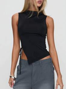 Elegant Casual Mock Neck Split Side Tank Top For Women Summer Holiday - màu đen - Xem 3
