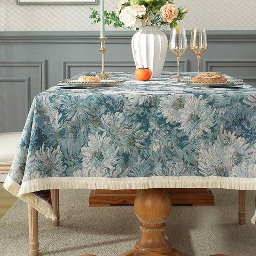 1pc Blue Monet Style Artistic Floral Tablecloth, Suitable For Home Decor - Multicolor - View 1