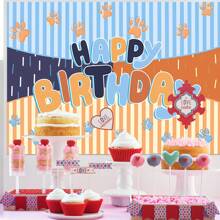 1pc Cartoon Dog Paw & Stripe Letter Pattern Polyester Photography Backdrop, Stripe Backdrop, Party Decor Background Cloth, Cake Table Photography Studio Decor - Multicolor - View 7