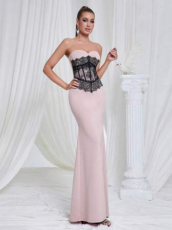 Elegant Simple Contrast Lace Maxi Dress