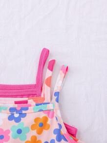 3 件套年轻女孩休闲罗纹露肩连衣裙，粉色、紫红色、花朵印花，适合派对、休闲、旅行、家居服、夏季 - 彩色 - 查看 4