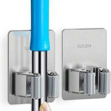 Stainless Steel Broom And Mop Holder With Adhesive Base, Wall-Mounted Tool Rack, Suitable For Home Organization - Multicolor - View 5