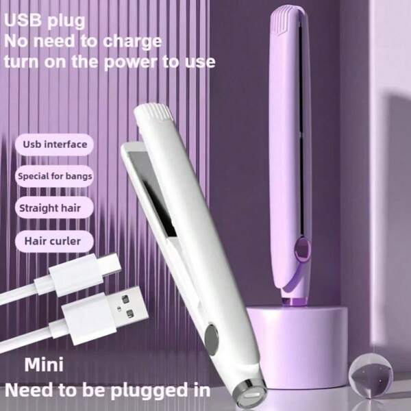 RAF USB Hair Straightener/Curling Iron, Perfect For Air Bangs With Inner And Outer Buttons, Mini Bangs Curling Iron, Two Pieces Clip, USB Plug-And-Pull For Use, A Small Hair Straightener/Curling Iron Suitable For Home, Travel And Dormitory Use (USB Plug-And-Pull Type, No Built-In Battery, Needs To Be Used With A Super-Fast Charger)