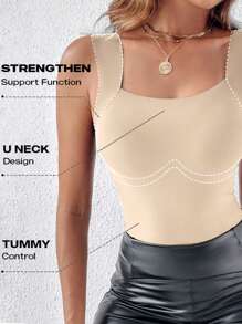 ChicMe 女式背心内置胸垫无缝无袖方领吊带背心高弹力修身休闲基本款分层衬衫