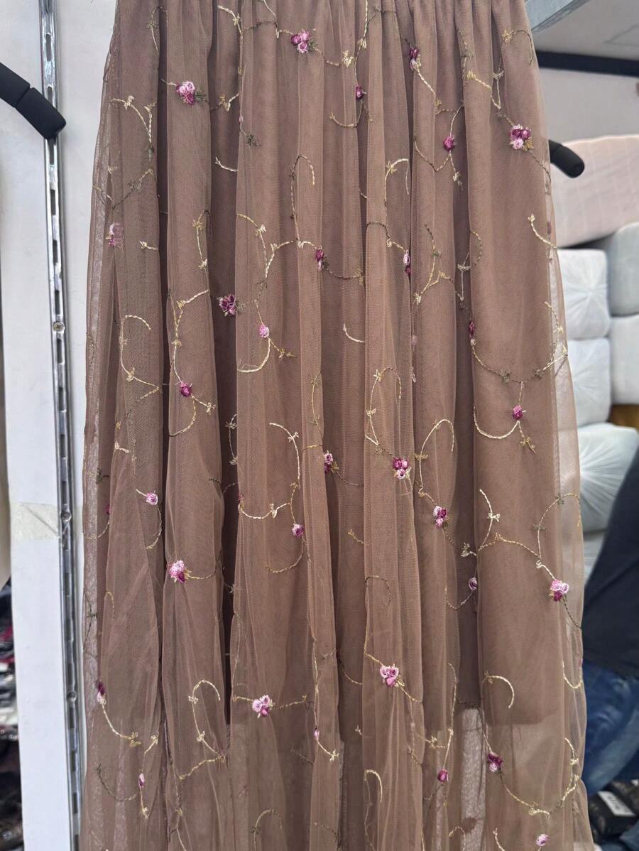 Women's Fashion Long Tulle Skirt For Party With Flower Detail - 咖啡棕 - 查看 1