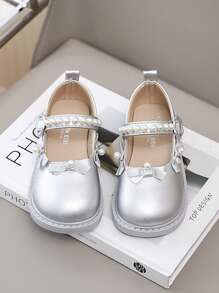 1 Pair Simple Solid Color Fashionable Pearl Bow Hook And Loop Mary Jane Flat Shoes For Girls - Silver - View 2