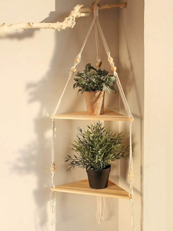 1pc Handmade Rope Bohemian Style Triangle Wooden Shelving Unit, Home Decor Planter Organizer