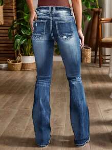 Solid Color Women's Flare Jeans - Stretch Retro Denim Pants With Figure-Flattering Silhouette, Mid Rise Bootcut Trousers For Effortless Elegance - 中等水洗藍 - 查看 3