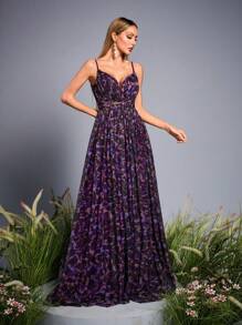 Mgiacy-花卉新款背心浪漫伴娘礼服印花褶饰腰带长裙 - 紫色 - 查看 6