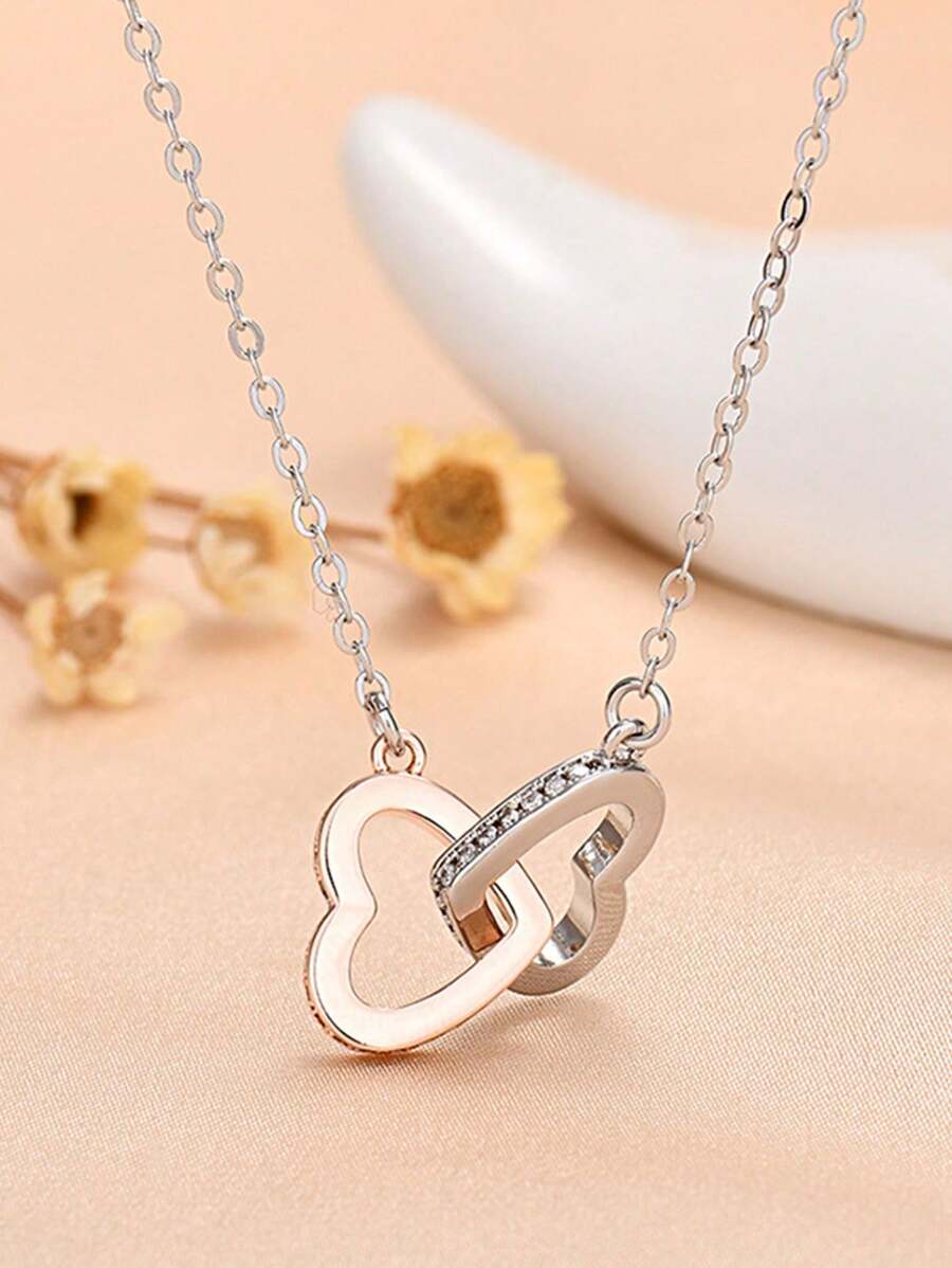 优雅的双心形设计项链适合日常佩戴、约会、婚礼、情人节配饰、时尚女士珠宝礼物，适合所有季节 - 愛心 - 查看 1