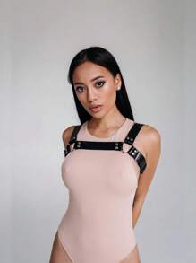 1 件女士简约黑色 PU 皮革可调节吊带腰带，朋克哥特风格身体饰品配饰，适合日常穿着 - 黑色 - 查看 5