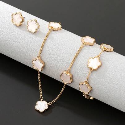 1pc Classic Lucky Clover Pendant Necklace, 1pc Bracelet, 1pair Earrings - Women Jewelry Set