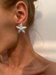 1 Pair Retro Elegant Fashion European & American Style Faux Pearl Decor Earrings, Metallic Gold Starfish Beach Style Stud Earrings, Suitable For Women's Daily Wear, Beach Vacation Jewelry, Gift For Girlfriends