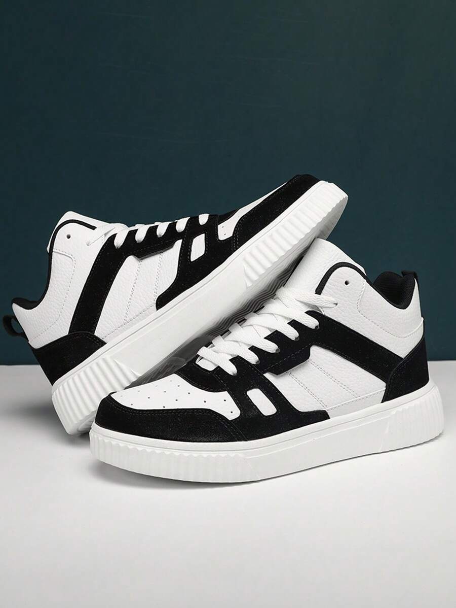 WANWEISI Men's Anti-Slip Lychee Embossed Letter Pattern Contrast Color Lace-Up Sneakers, Outdoor Sports Skateboarding Shoes - Men's Tennis