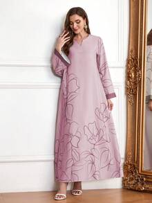 V 领连衣裙，全印花，厚实柔软的四向弹力面料，优雅奢华的阿拉伯风格长袍连衣裙，端庄 - 藕粉色 - 查看 4