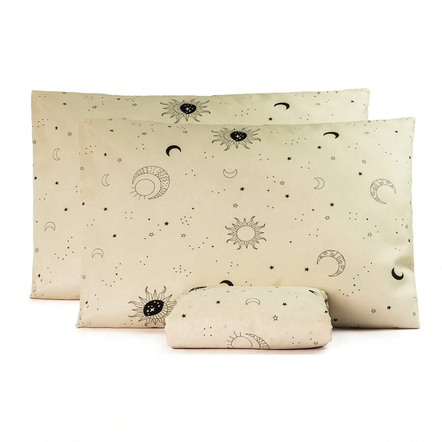 3-Piece Double Sheet Set 150 Thread Count Cotton With Elastic - Mặt trời và mặt trăng - Xem 1