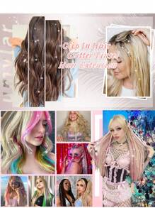 12 件发饰金属丝夹 20 英寸时尚闪光金属丝合成直发接发夹发饰金属丝套装耐热闪亮仙女发饰女士（银色） - 玫紅色 - 查看 6