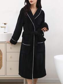 1件女士加厚撞色装饰黑色浴袍夏季婚礼浴室装饰 - 黑色鳳梨格浴袍 - 查看 1