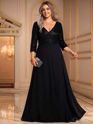 EVERPRETTY Plus Size Sexy V-Neck Sequin Contrast Color Chiffon Formal Dress, Suitable For Autumn Party, Wedding Guest, Formal Occasion