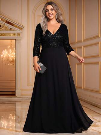 EVERPRETTY Plus Sexy V Neck Sequin Contrast Chiffon Fall Prom Black Evening Dress Party Dress Wedding Guest Dress Formal Dress,Gown
