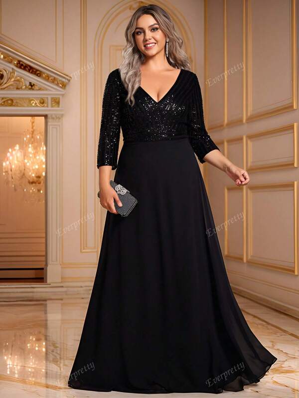 EVER-PRETTY Große Größen sexy Pailletten V-Ausschnitt Chiffon Abendrobe, schwarzes Abendkleid für Partys, Hochzeitsgast Kleid, formelle Robe