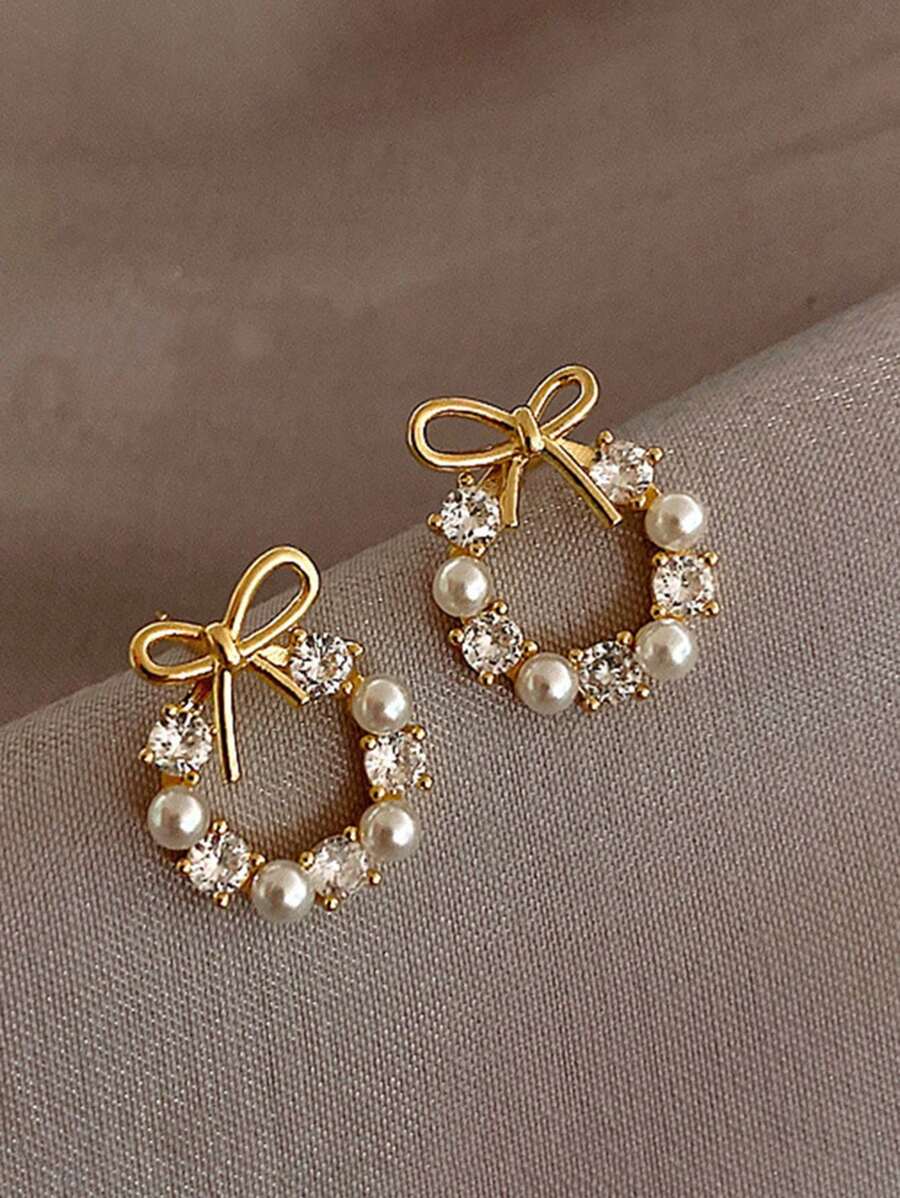 1 Pair Cute Faux Pearl Bow Floral Wreath Design Stud Earrings, Suitable For Girls, An Ideal Gift Choice - one-size - View 1