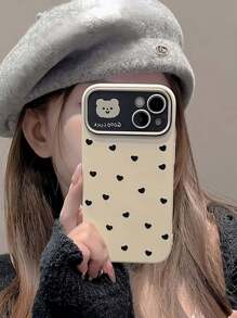 Funda de teléfono con diseño de oso de peluche en forma de corazón negro minimalista, con ventana grande personalizada y diseño de funda protectora suave todo incluido, regalo del Día de San Valentín para iPhone 15 14 13 12 11 Plus Pro Max - Multicolor - Ver 7