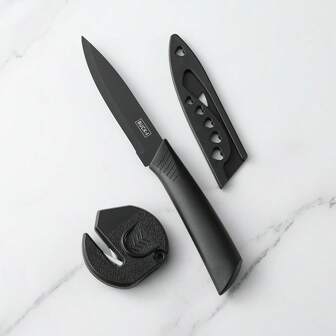 1 pieza Cuchillo de fruta de acero inoxidable con afilador, cuchillo de cocina pequeño para cortar carne, verduras y frutas