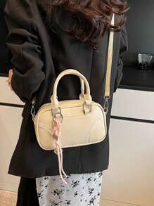 1 件时尚 PU 皮革斜挎单肩保龄球包，简约时尚迷你包，附带编织绳饰物 - 米色 - 查看 6