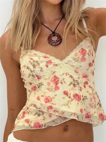 Women's Lace Floral Cami Tops Sleeveless V Neck Mesh Camisole Top Summer Tank Tops - Màu vàng - Xem 1