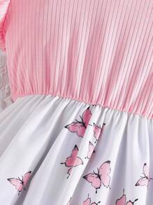 Tween Girls Elegant Floral Print Casual Cap Sleeve Ribbed Patchwork Dress, Summer