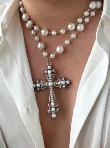 2pcs Unisex Punk Cross Pendant Faux Pearl Necklace, Adjustable Charm Jewelry, Couples' Necklace - 2-piece Set - View 3