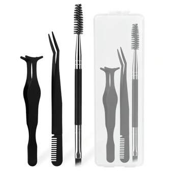 3pcs Eyelash Tweezers, Eyelash Brushes With Storage Box - Includes Pointed Tweezers, False Eyelash Applicator And Eyelash Brush For Eyelash Extension And Grooming