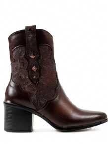 Botines Vaqueros de Tacón con Grabado Artesanal, caña media con tacon de 6 cm. Cómodos y prácticos. - Camel - Ver 5