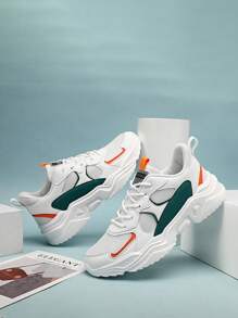 Men's Letter Print Color Block Lace Up Sneakers, Platform Shoes, School Shoes, Students Casual Sports Shoes, Road Running Shoes - 白色 - 查看 2