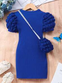 Young Girl Short Sleeve Solid Color Bubble Textured Rib Knit Casual Dress With Bag - Blue - View 2