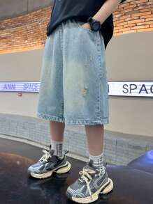 Tween Boys' Ripped Denim Bermuda Shorts With Cartoon Print - Blue - View 4