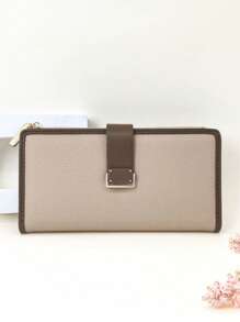 女士长款撞色拼布钱包，时尚迷你柔软 PU 纹理多功能卡包，时尚年轻学生大容量拉链零钱包，轻巧方便送礼 - 杏色 - 查看 1