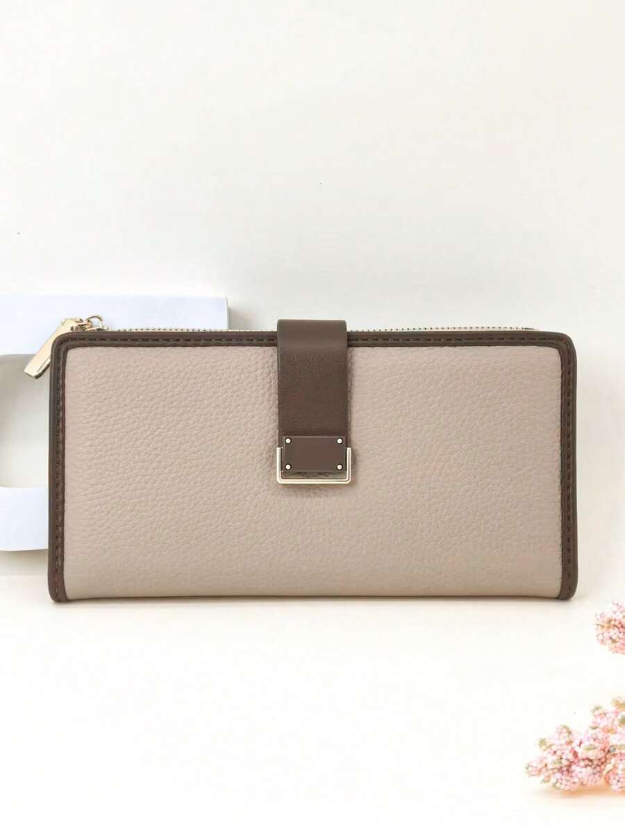 女士长款撞色拼布钱包，时尚迷你柔软 PU 纹理多功能卡包，时尚年轻学生大容量拉链零钱包，轻巧方便送礼 - 杏色 - 查看 1