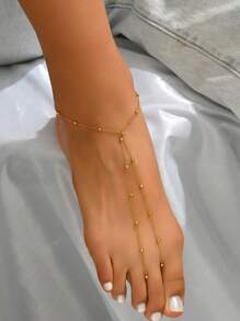 LIEBEIRIS 1pc 18k Gold Plated Minimalist Stainless Steel Beaded Anklet For Women, Suitable For Daily Wear And Beach Vacation (The Number Of Beads On The Chain Is Manual And Random) - Gold - View 1