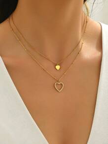 LIEBEIRIS 1pc 18K Gold Plated Hollow Heart Layered Stainless Steel Necklace, Suitable For Women's Daily Wear And Gift