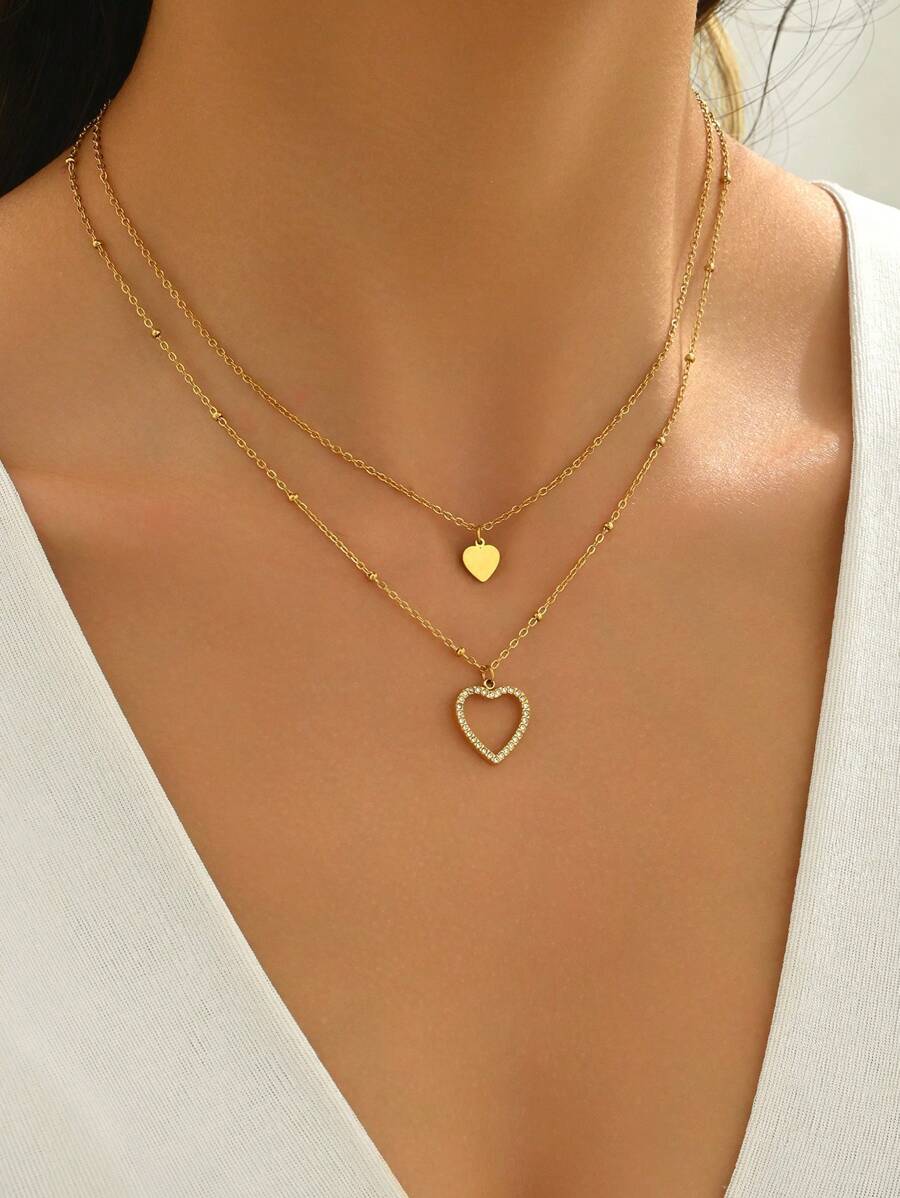 LIEBEIRIS 1pc 18K Gold Plated Hollow Heart Layered Stainless Steel Necklace, Suitable For Women's Daily Wear And Gift
